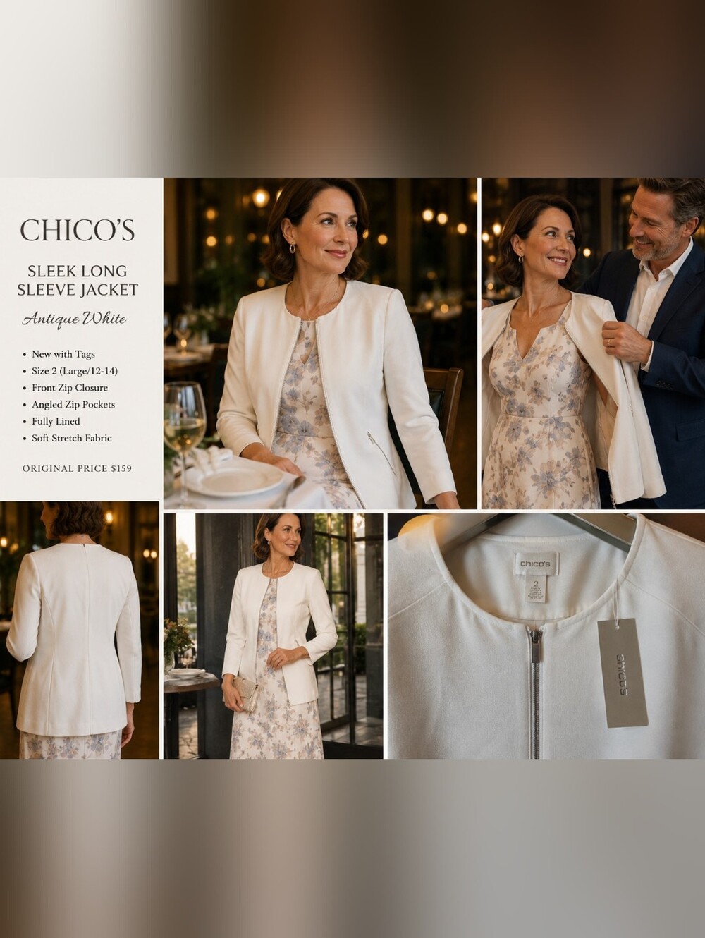 Chico's NWT Antique White Sleek Long Sleeve Jacket Sz 2 Zip Front Stretch Topper